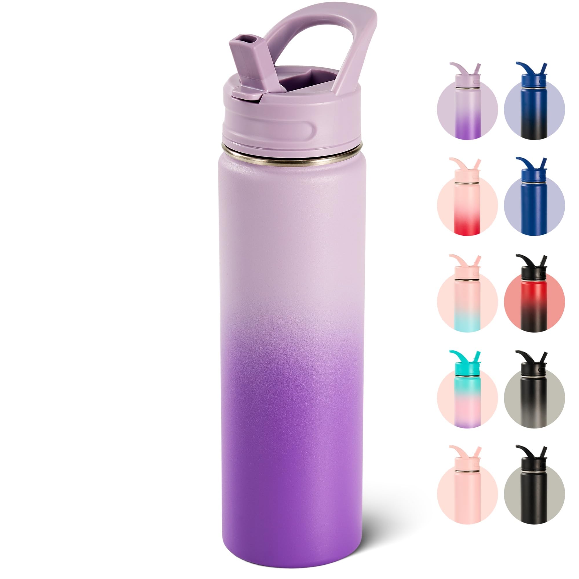 18oz Insulated Stainless Steel Water Bottle with Straws, Double Wall Vacuum Insulated Bottles, Metal Thermo for Travel, Sports, Leak-Proof, BPA Free, Women & Men, Black