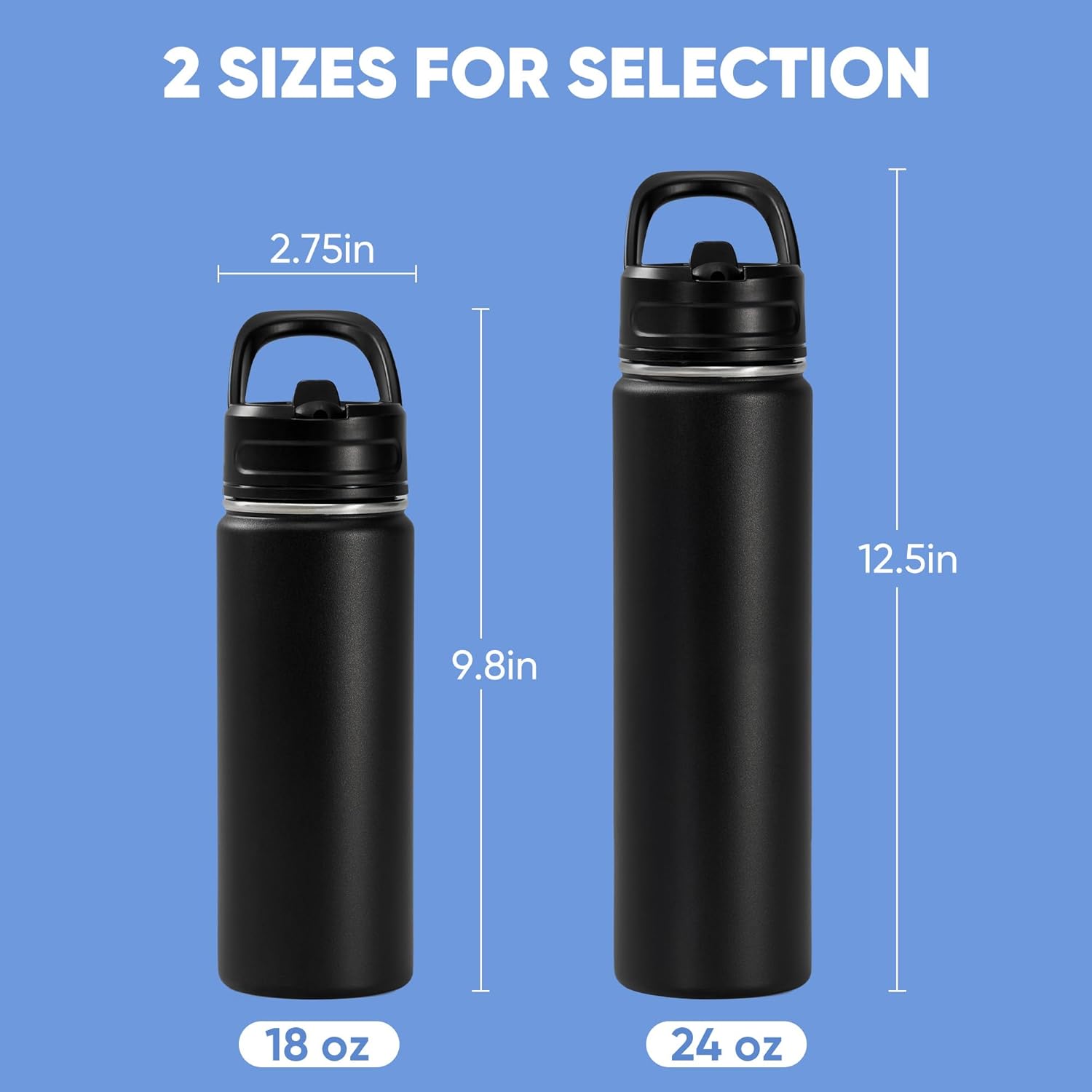 18oz Insulated Stainless Steel Water Bottle with Straws, Double Wall Vacuum Insulated Bottles, Metal Thermo for Travel, Sports, Leak-Proof, BPA Free, Women & Men, Black