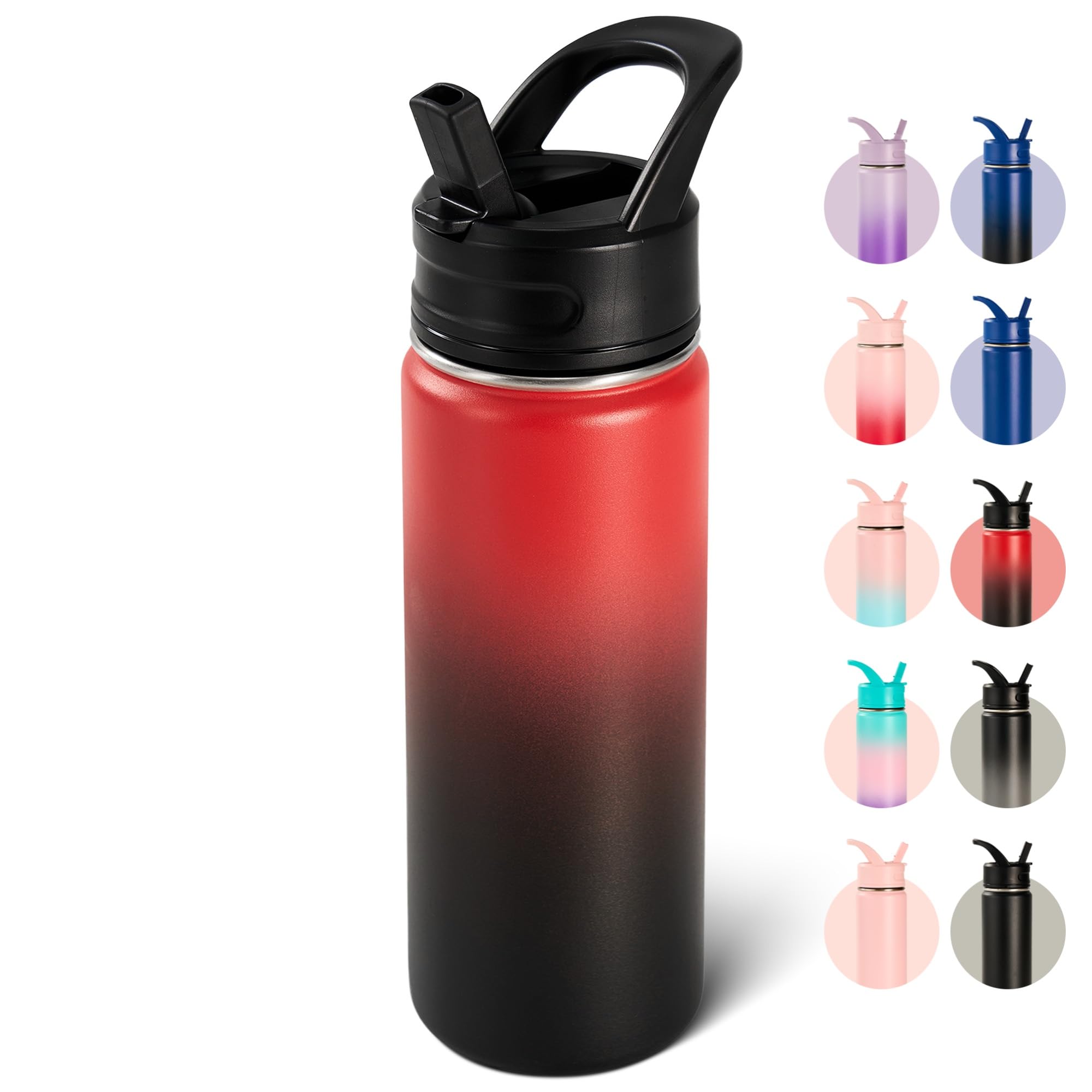 18oz Insulated Stainless Steel Water Bottle with Straws, Double Wall Vacuum Insulated Bottles, Metal Thermo for Travel, Sports, Leak-Proof, BPA Free, Women & Men, Black