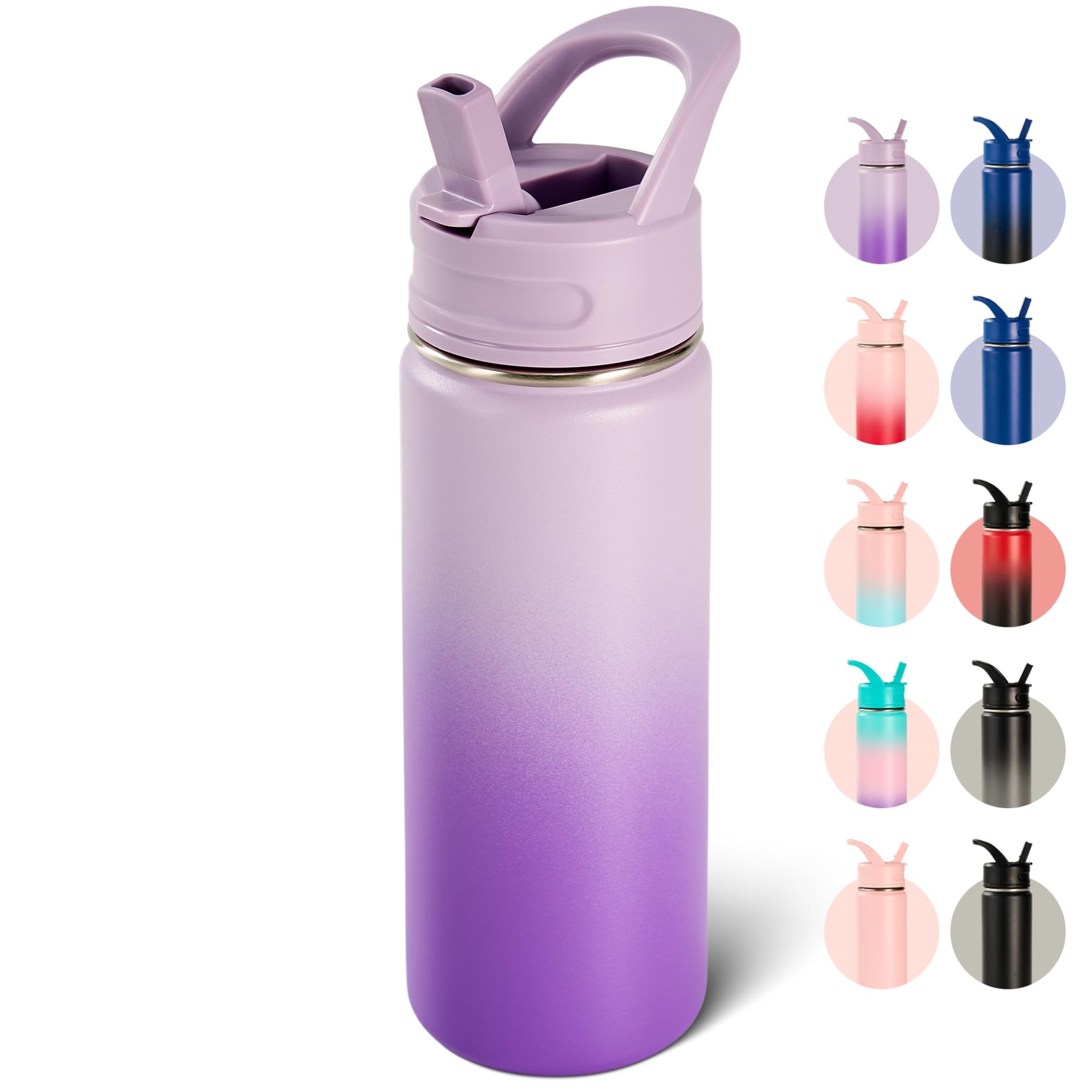 18oz Insulated Stainless Steel Water Bottle with Straws, Double Wall Vacuum Insulated Bottles, Metal Thermo for Travel, Sports, Leak-Proof, BPA Free, Women & Men, Black