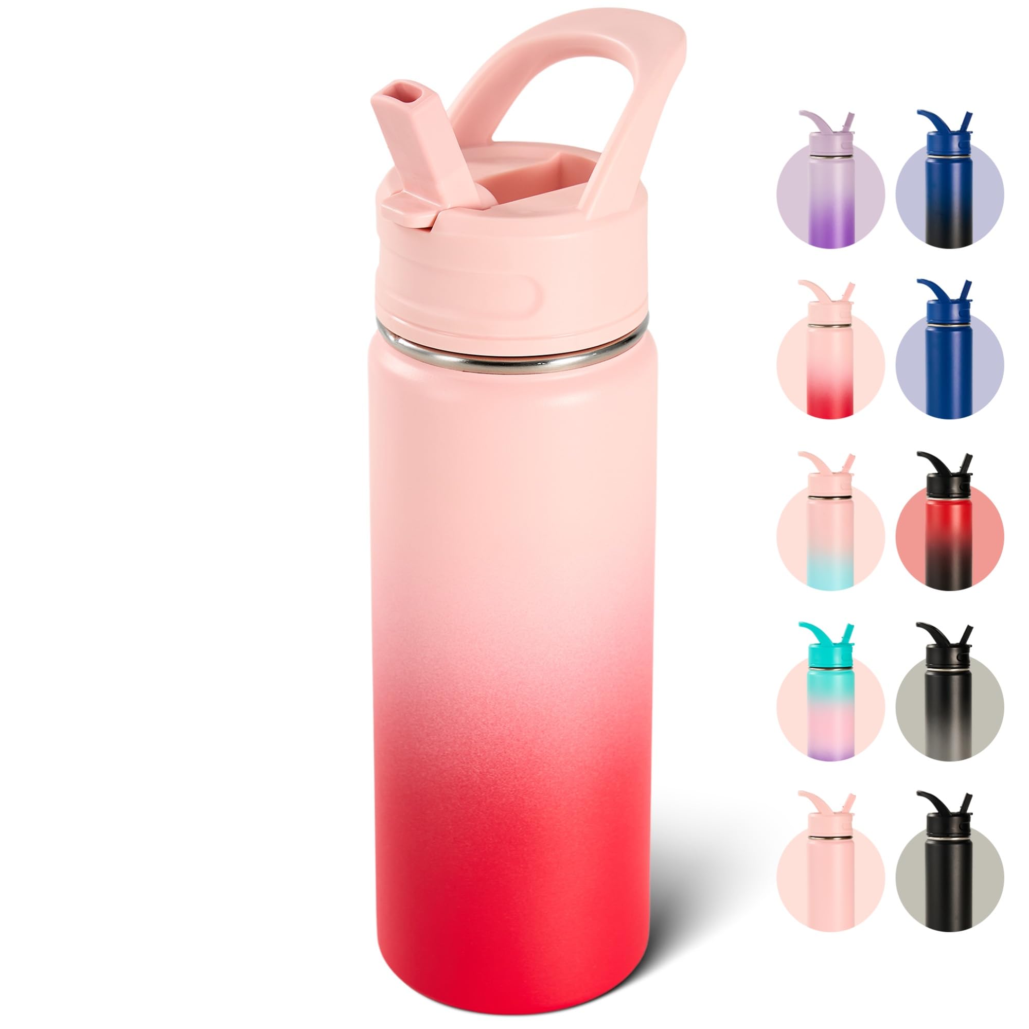 18oz Insulated Stainless Steel Water Bottle with Straws, Double Wall Vacuum Insulated Bottles, Metal Thermo for Travel, Sports, Leak-Proof, BPA Free, Women & Men, Black