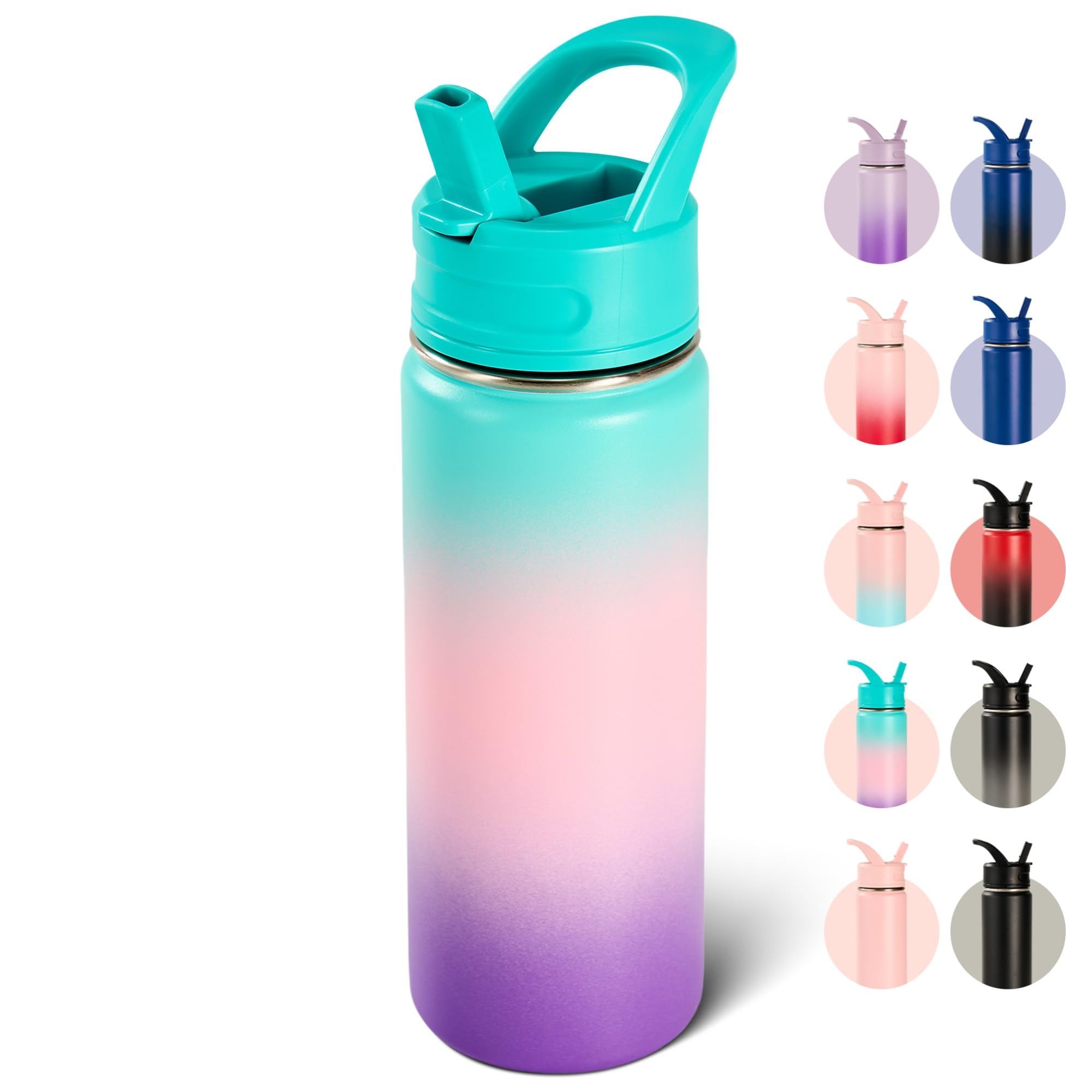 18oz Insulated Stainless Steel Water Bottle with Straws, Double Wall Vacuum Insulated Bottles, Metal Thermo for Travel, Sports, Leak-Proof, BPA Free, Women & Men, Black