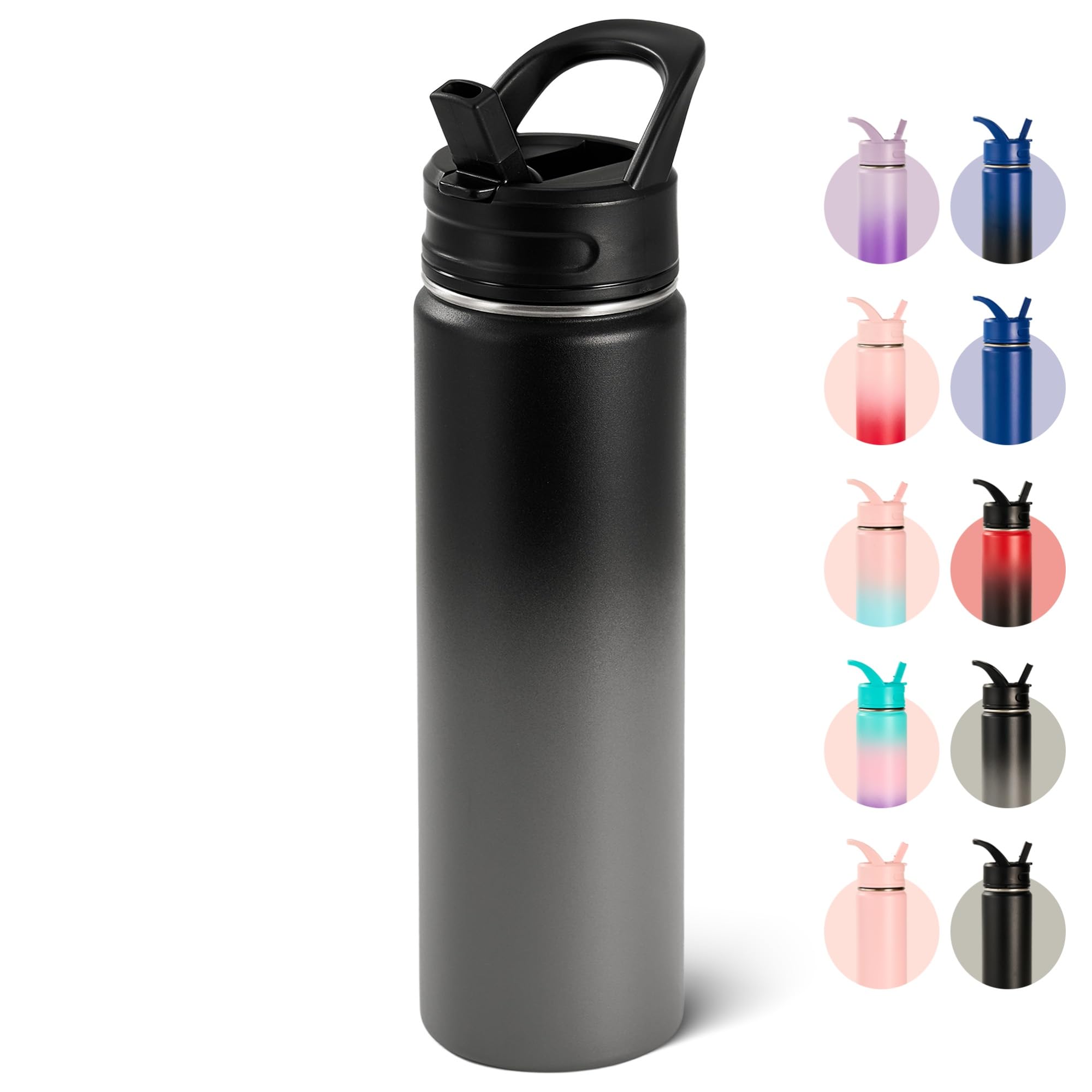 18oz Insulated Stainless Steel Water Bottle with Straws, Double Wall Vacuum Insulated Bottles, Metal Thermo for Travel, Sports, Leak-Proof, BPA Free, Women & Men, Black