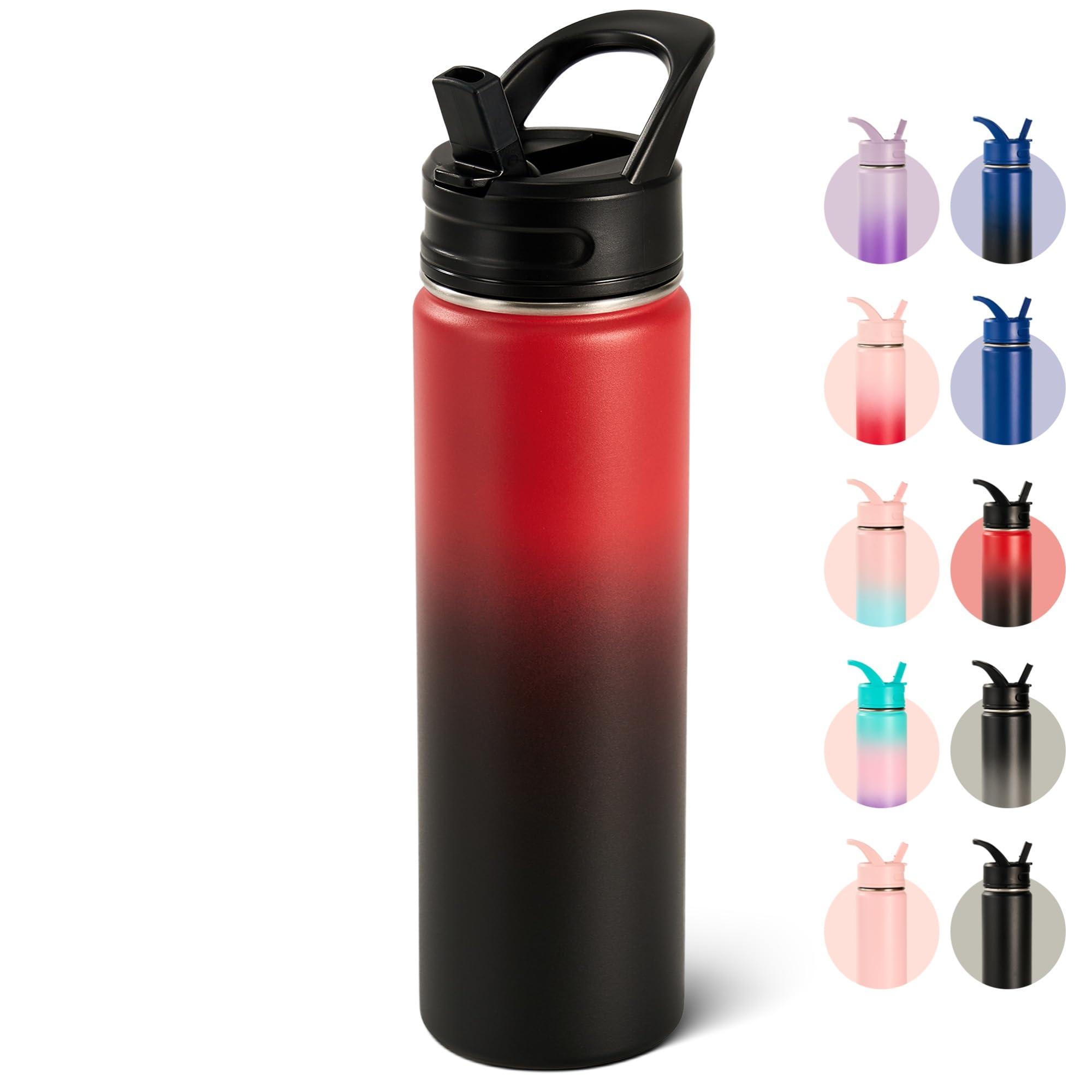 18oz Insulated Stainless Steel Water Bottle with Straws, Double Wall Vacuum Insulated Bottles, Metal Thermo for Travel, Sports, Leak-Proof, BPA Free, Women & Men, Black