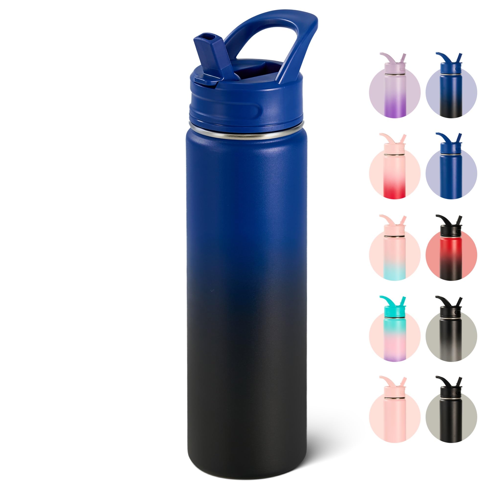 18oz Insulated Stainless Steel Water Bottle with Straws, Double Wall Vacuum Insulated Bottles, Metal Thermo for Travel, Sports, Leak-Proof, BPA Free, Women & Men, Black
