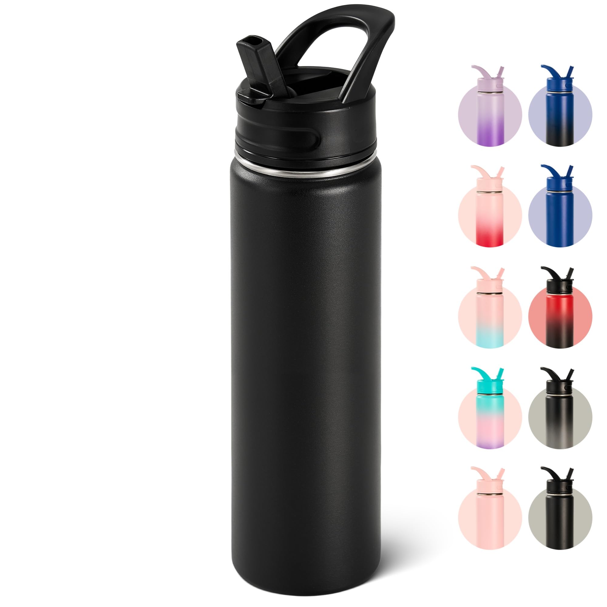 18oz Insulated Stainless Steel Water Bottle with Straws, Double Wall Vacuum Insulated Bottles, Metal Thermo for Travel, Sports, Leak-Proof, BPA Free, Women & Men, Black