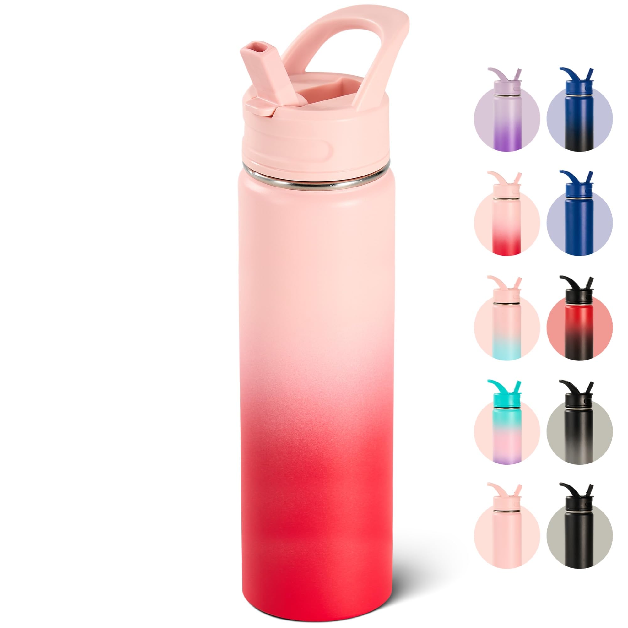 18oz Insulated Stainless Steel Water Bottle with Straws, Double Wall Vacuum Insulated Bottles, Metal Thermo for Travel, Sports, Leak-Proof, BPA Free, Women & Men, Black