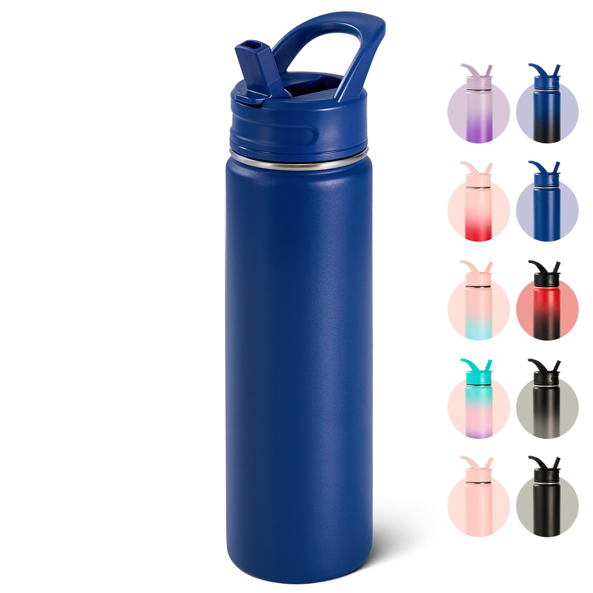 18oz Insulated Stainless Steel Water Bottle with Straws, Double Wall Vacuum Insulated Bottles, Metal Thermo for Travel, Sports, Leak-Proof, BPA Free, Women & Men, Black