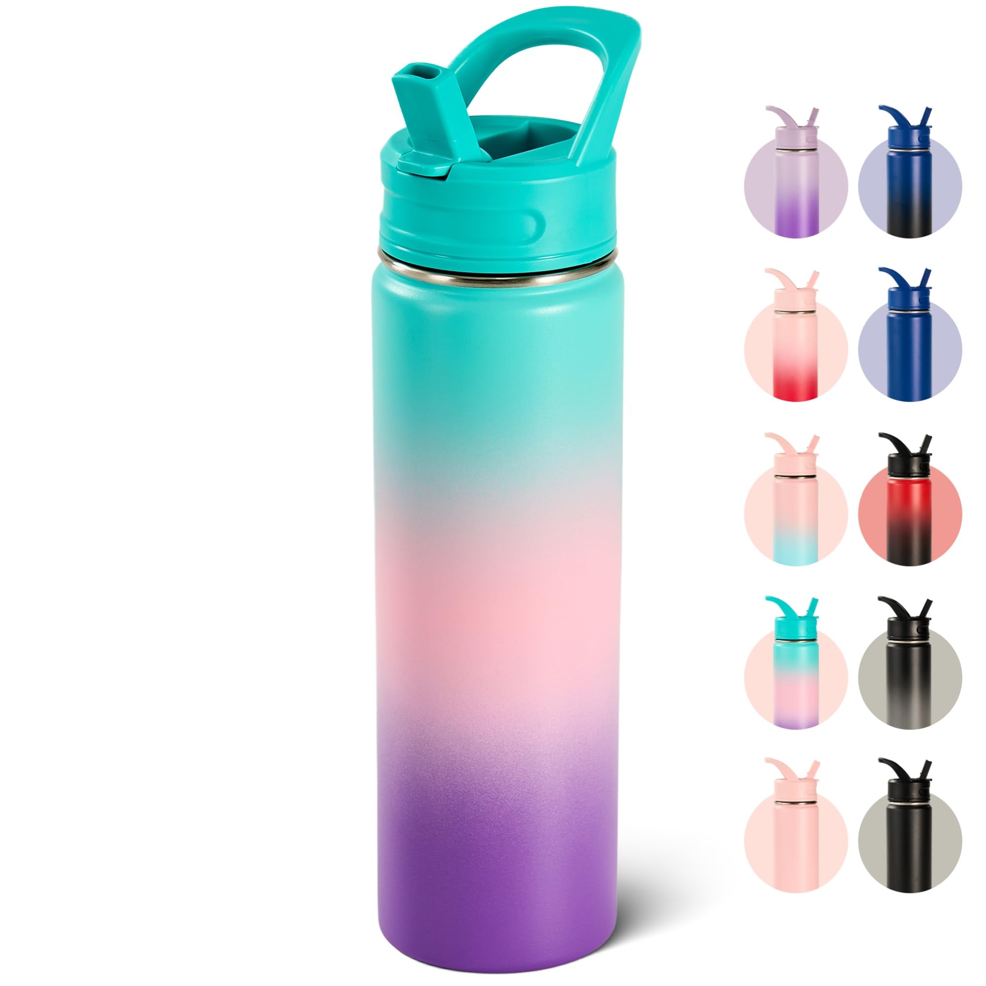 18oz Insulated Stainless Steel Water Bottle with Straws, Double Wall Vacuum Insulated Bottles, Metal Thermo for Travel, Sports, Leak-Proof, BPA Free, Women & Men, Black
