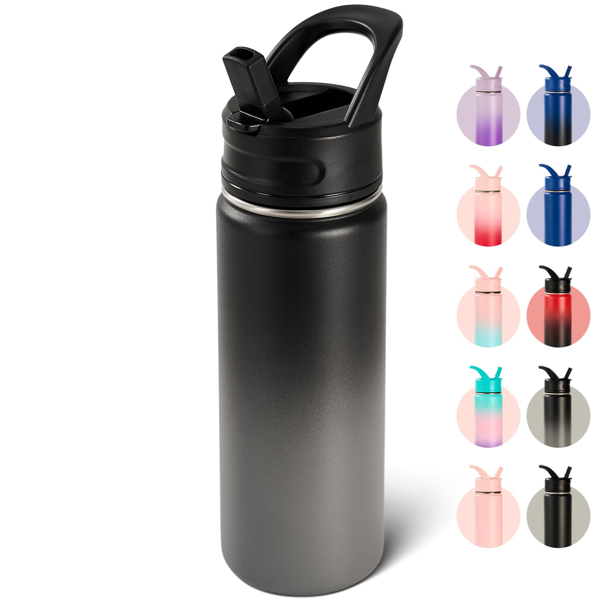 18oz Insulated Stainless Steel Water Bottle with Straws, Double Wall Vacuum Insulated Bottles, Metal Thermo for Travel, Sports, Leak-Proof, BPA Free, Women & Men, Black