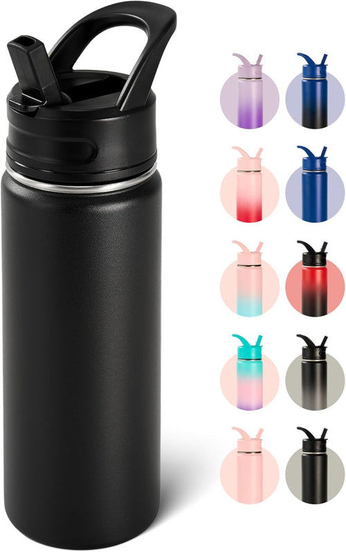 18oz Insulated Stainless Steel Water Bottle with Straws, Double Wall Vacuum Insulated Bottles, Metal Thermo for Travel, Sports, Leak-Proof, BPA Free, Women & Men, Black