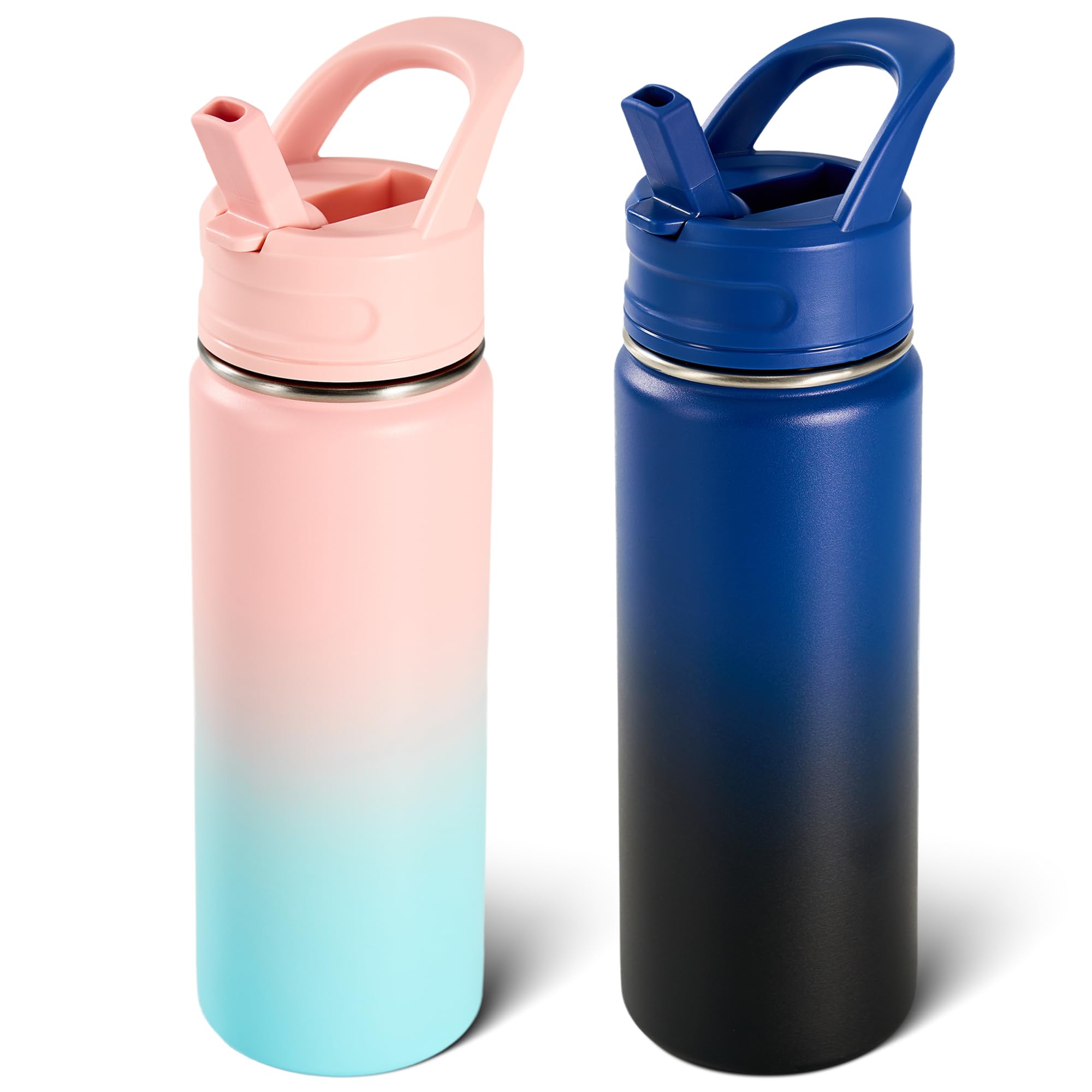 18oz Insulated Stainless Steel Water Bottle with Straws, Double Wall Vacuum Insulated Bottles, Metal Thermo for Travel, Sports, Leak-Proof, BPA Free, Women & Men, Black