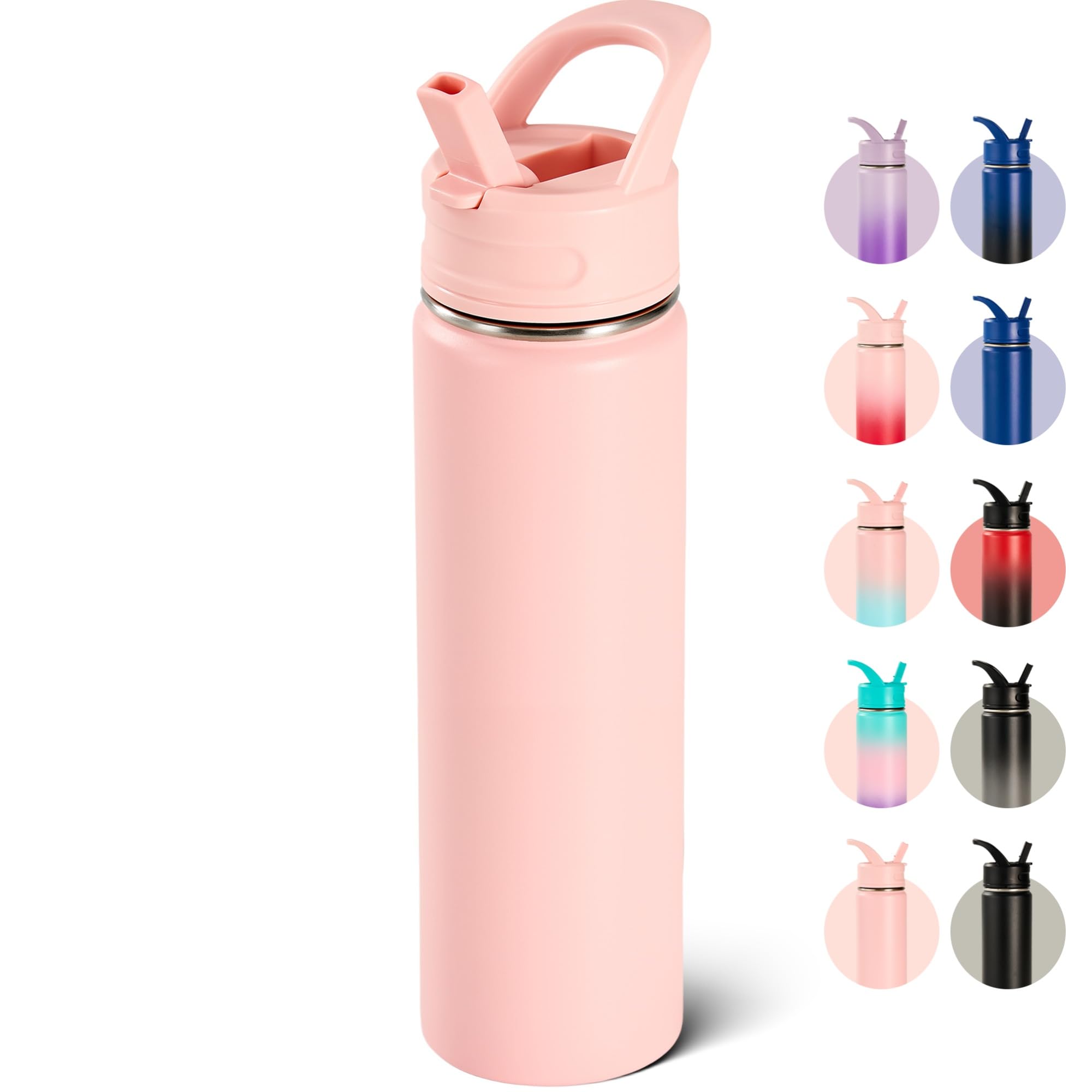 18oz Insulated Stainless Steel Water Bottle with Straws, Double Wall Vacuum Insulated Bottles, Metal Thermo for Travel, Sports, Leak-Proof, BPA Free, Women & Men, Black