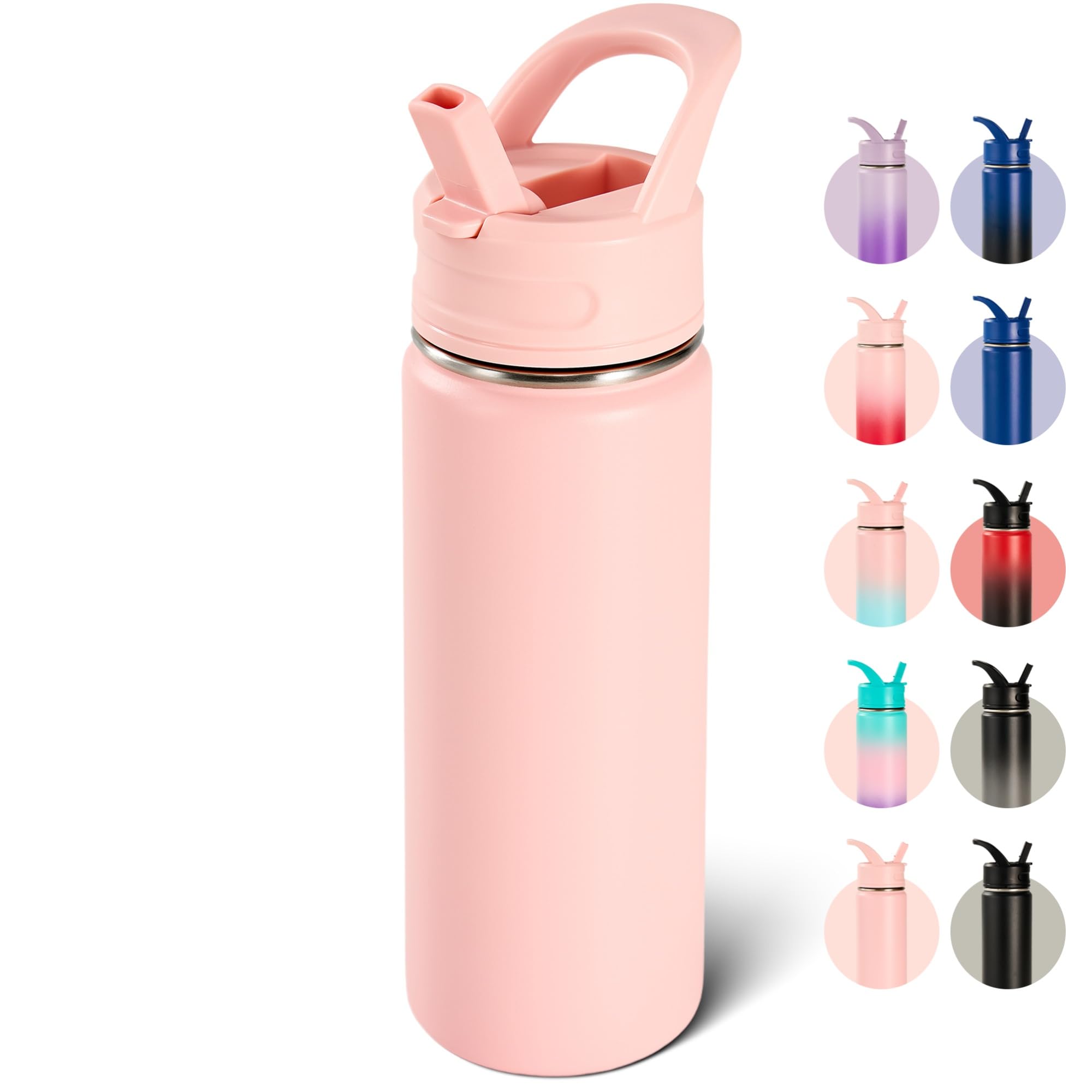 18oz Insulated Stainless Steel Water Bottle with Straws, Double Wall Vacuum Insulated Bottles, Metal Thermo for Travel, Sports, Leak-Proof, BPA Free, Women & Men, Black