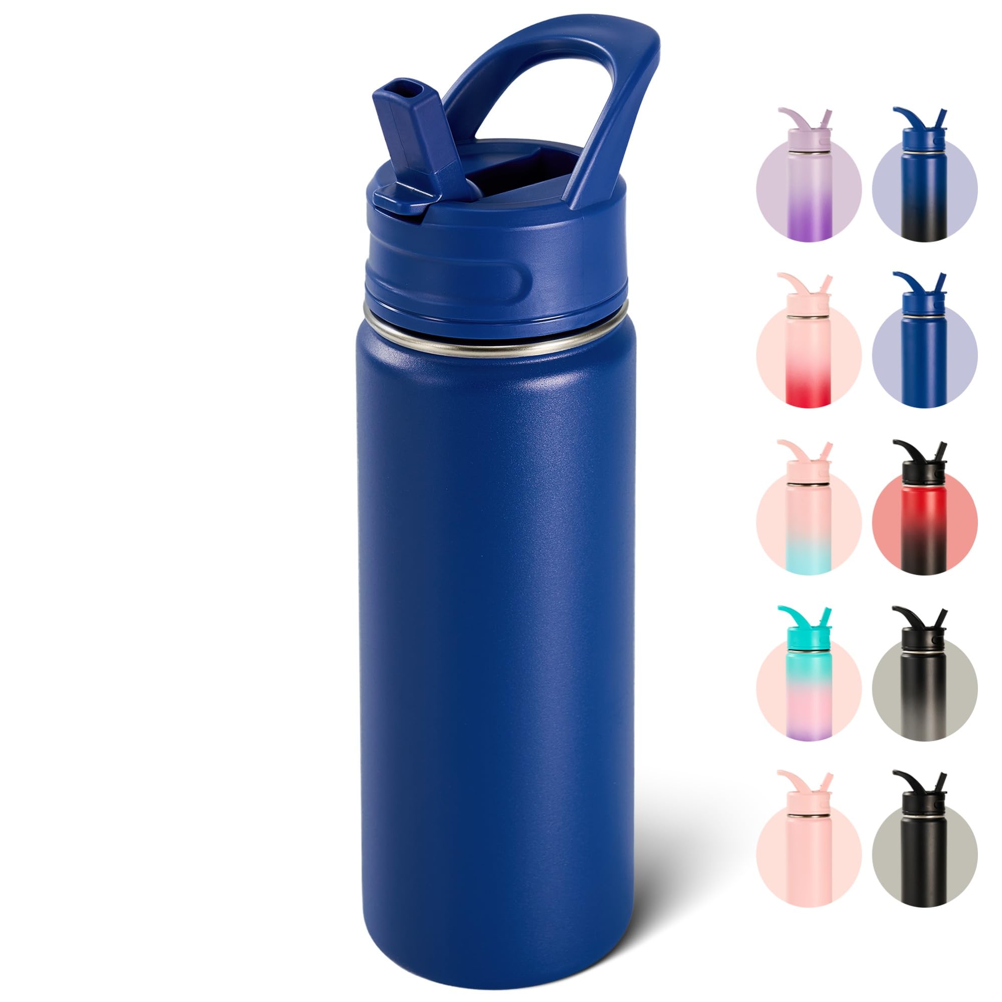 18oz Insulated Stainless Steel Water Bottle with Straws, Double Wall Vacuum Insulated Bottles, Metal Thermo for Travel, Sports, Leak-Proof, BPA Free, Women & Men, Black