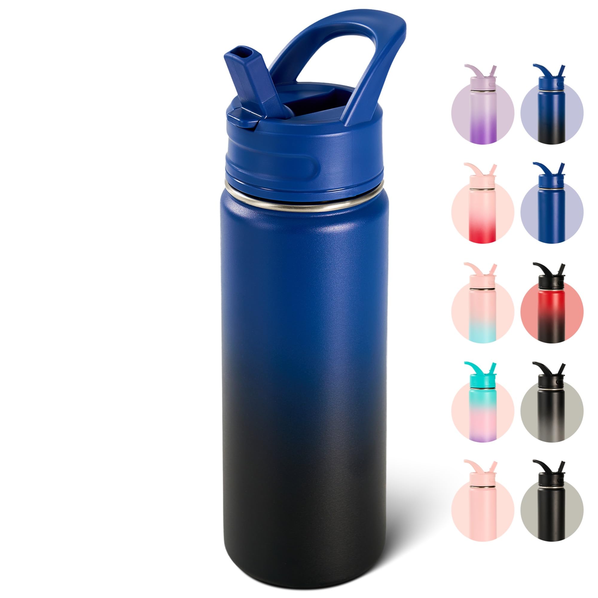 18oz Insulated Stainless Steel Water Bottle with Straws, Double Wall Vacuum Insulated Bottles, Metal Thermo for Travel, Sports, Leak-Proof, BPA Free, Women & Men, Black