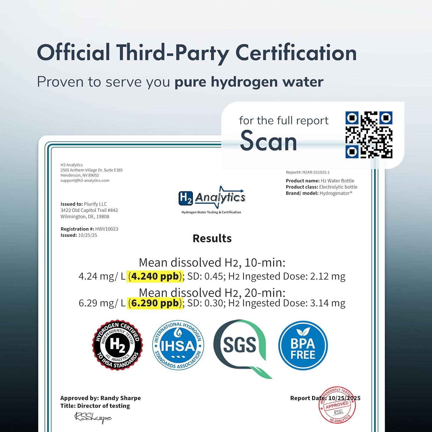 Hydrogen Water Bottle Generator | 17 OZ | UP to 6,290 PPB H2 Molecular Hydrogen | SPE/PEM Electrolysis | Ergonomic Handle | Dual-Mode | 2200 mAh Battery | Certified by H2 Analytics | Brown