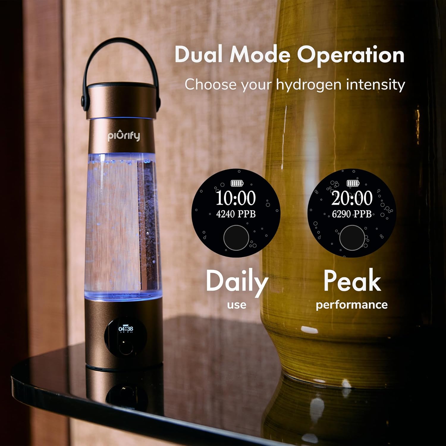 Hydrogen Water Bottle Generator | 17 OZ | UP to 6,290 PPB H2 Molecular Hydrogen | SPE/PEM Electrolysis | Ergonomic Handle | Dual-Mode | 2200 mAh Battery | Certified by H2 Analytics | Brown