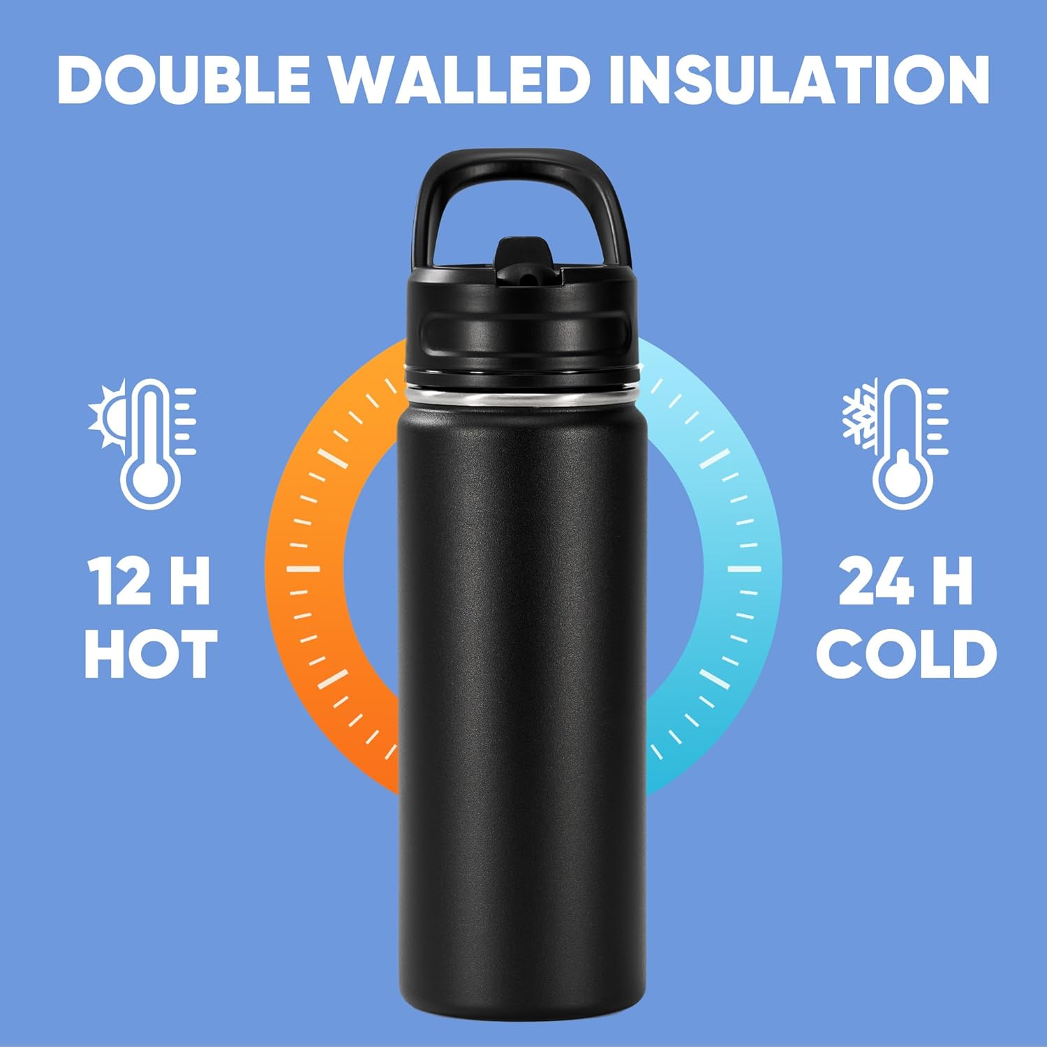 18oz Insulated Stainless Steel Water Bottle with Straws, Double Wall Vacuum Insulated Bottles, Metal Thermo for Travel, Sports, Leak-Proof, BPA Free, Women & Men, Black