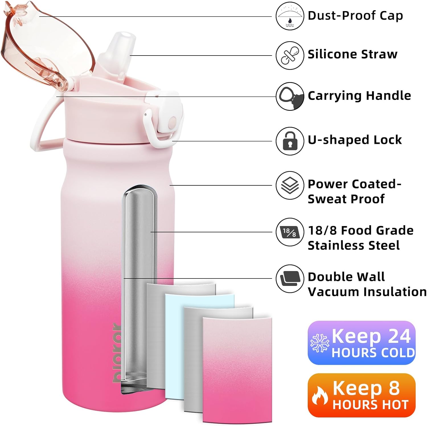 BJPKPK 18oz Insulated Water Bottle with Straw Stainless Steel Double Wall Water Bottles BPA Free Leak Proof Thermal Flask with Lockable Flip Lid and Soft Silicone Spout,Cherry Blossom