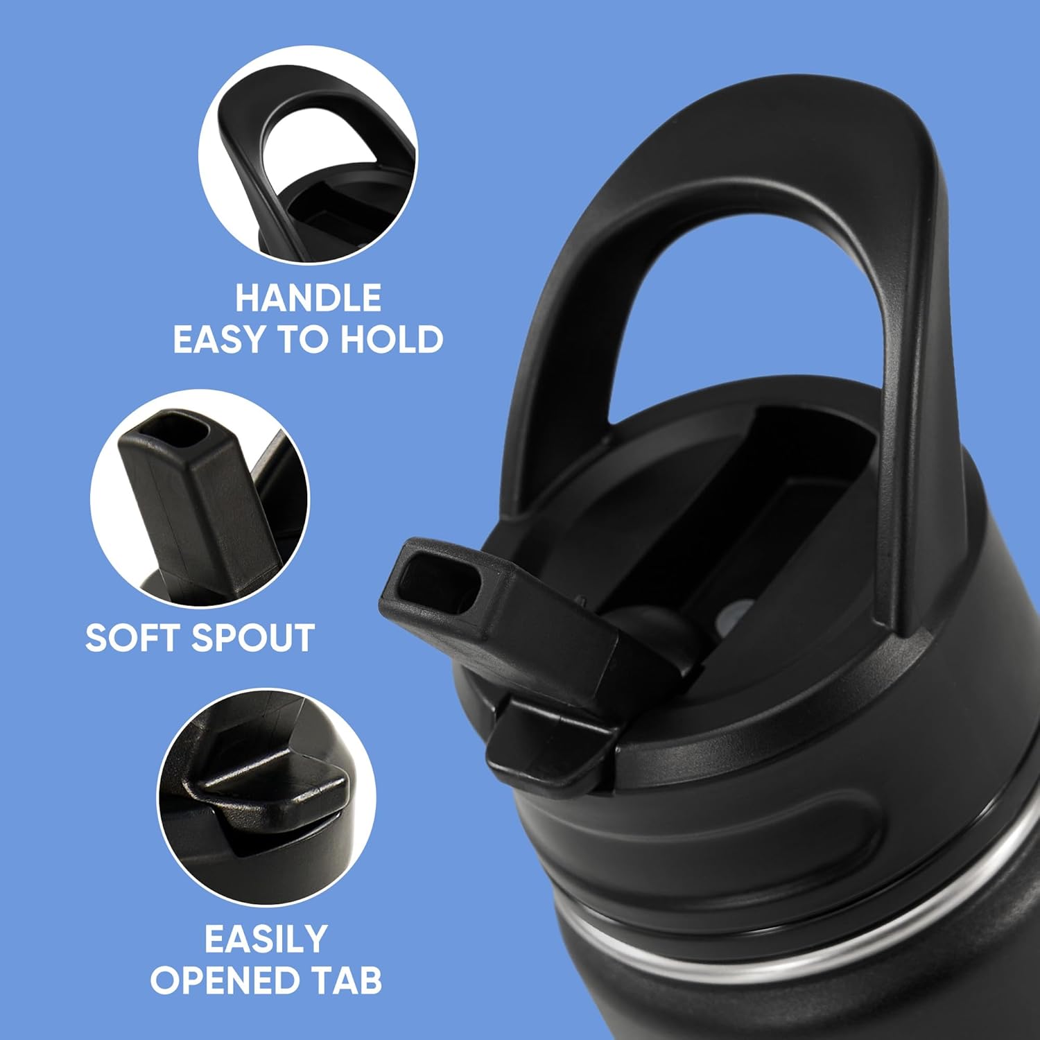 18oz Insulated Stainless Steel Water Bottle with Straws, Double Wall Vacuum Insulated Bottles, Metal Thermo for Travel, Sports, Leak-Proof, BPA Free, Women & Men, Black