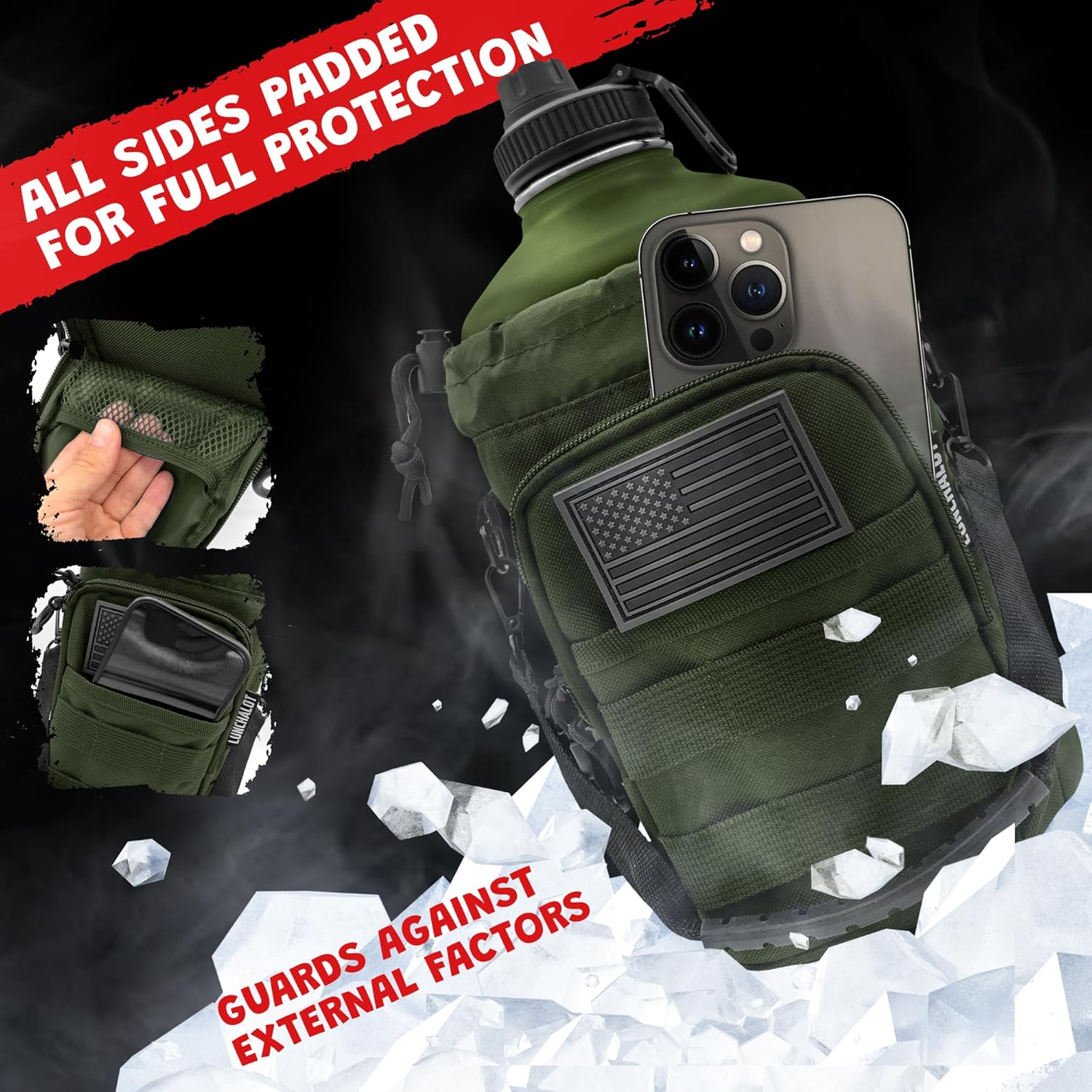 1 Gallon Water Jug - Insulated Stainless Steel Water Bottle with Carry Bag & Straw Lids - 128 Oz Large Capacity, Keep Cold & Hot, Green Tactical Design