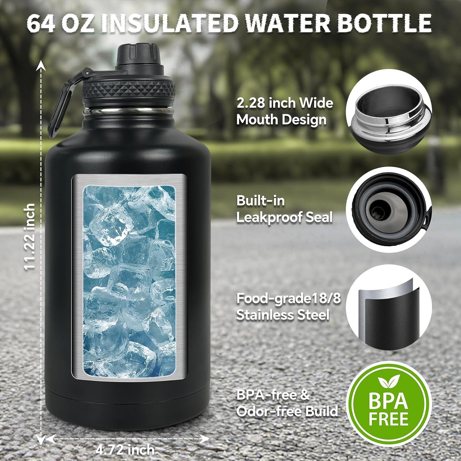 Half Gallon Water Bottle Insulated with Sleeve - Tactical 64 oz Stainless Steel Water Jug with MOLLE Water Bottle Pouch, Gym Water Bottles for Men Hiking Workout (Black Camo)