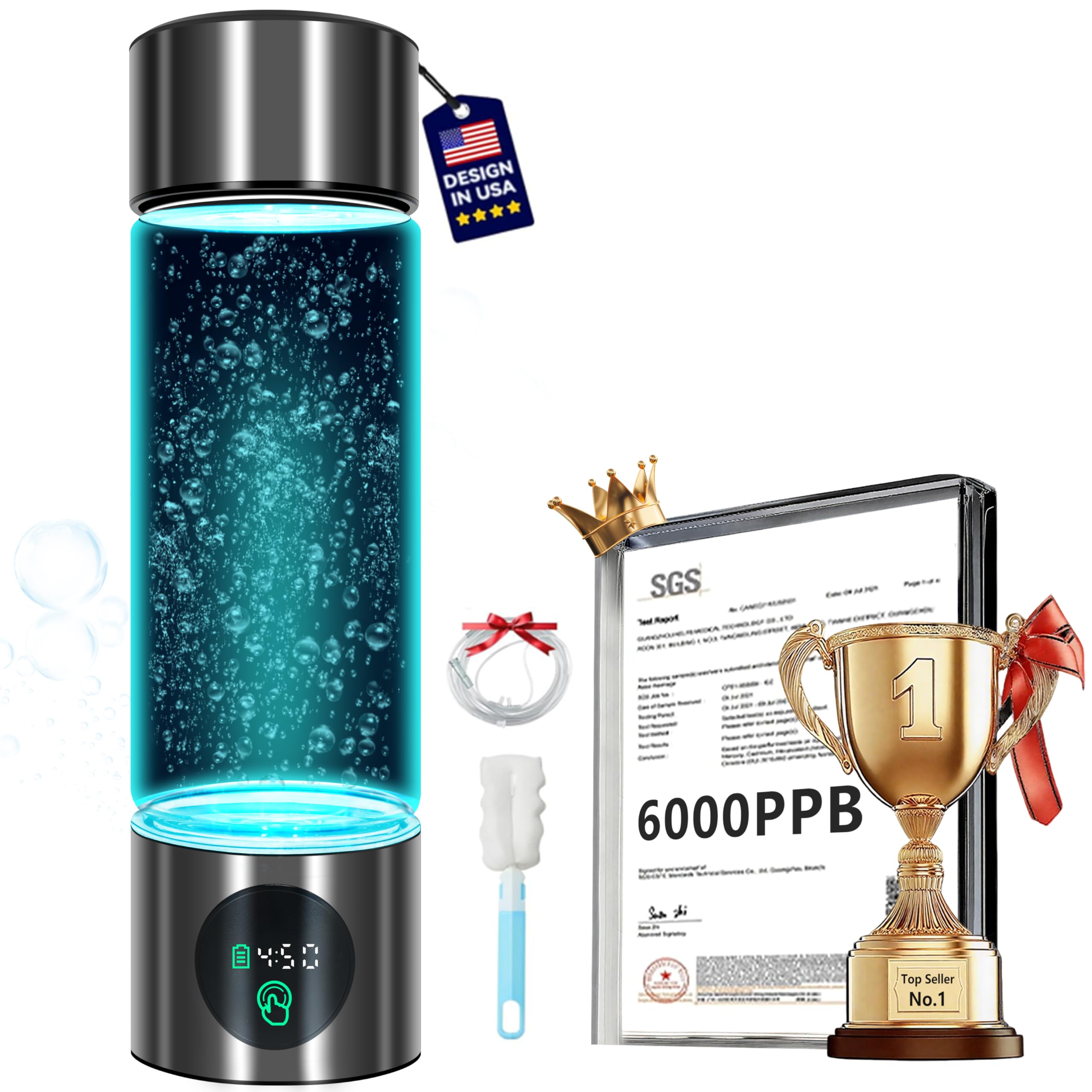 5.0 New Upgraded Hydrogen Water Bottle - Hydrogen Concentration up to 6000 PPB【SGS-Certified Hydrogen Generator】 2025 SPE/PEM Technology Odorless Double Hydrogen Content for Sports/Home/Office/Travel
