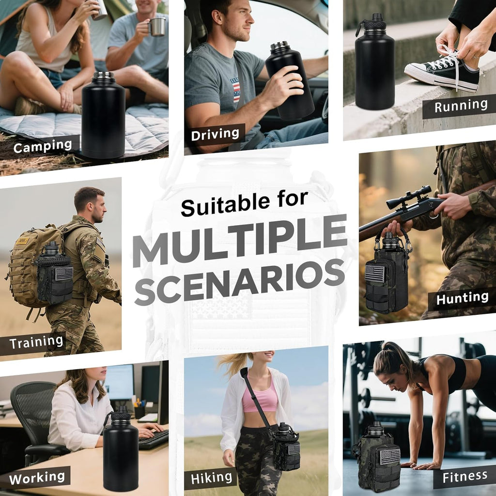 Half Gallon Water Bottle Insulated with Sleeve - Tactical 64 oz Stainless Steel Water Jug with MOLLE Water Bottle Pouch, Gym Water Bottles for Men Hiking Workout (Black Camo)