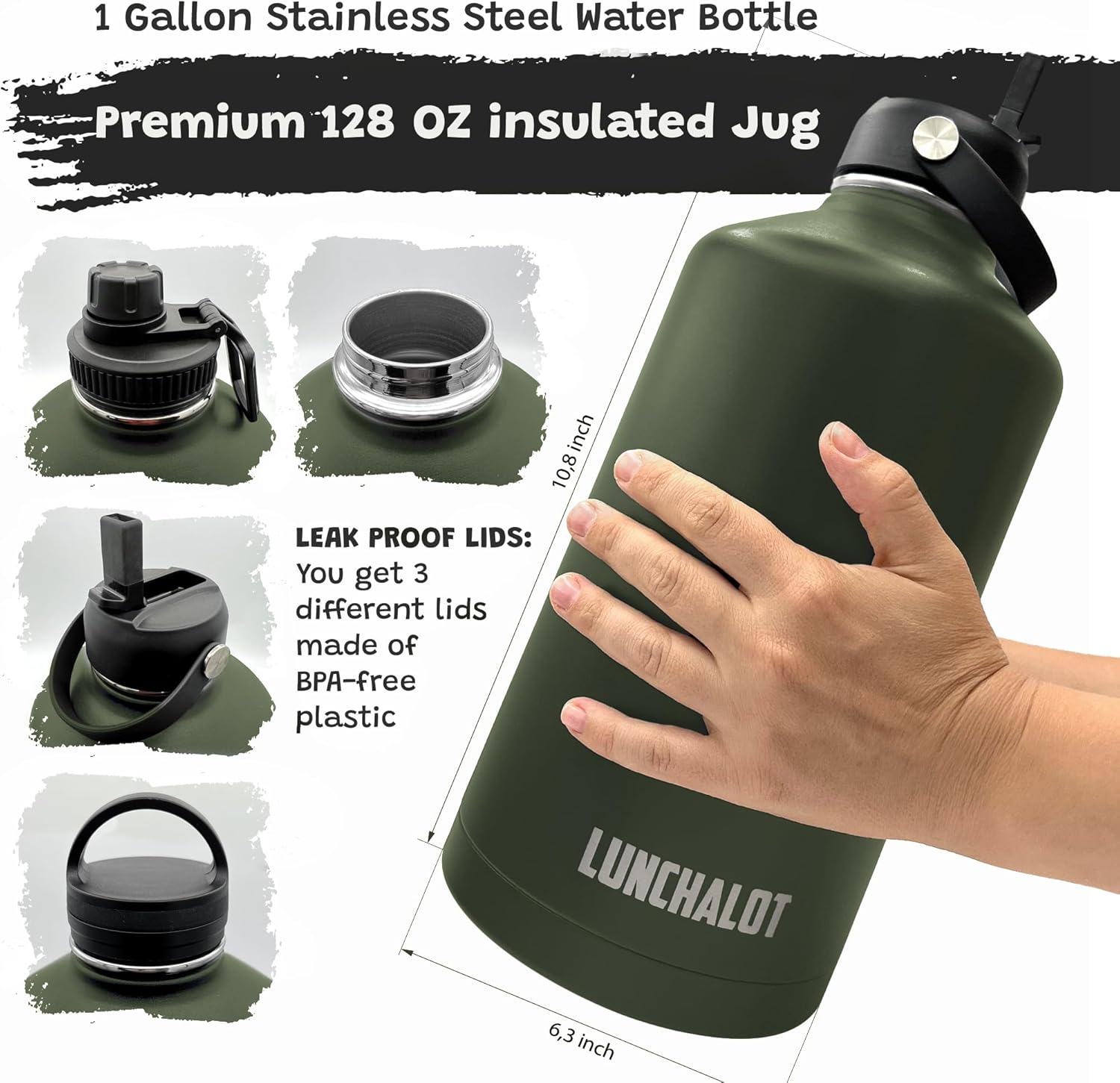 1 Gallon Water Jug - Insulated Stainless Steel Water Bottle with Carry Bag & Straw Lids - 128 Oz Large Capacity, Keep Cold & Hot, Green Tactical Design