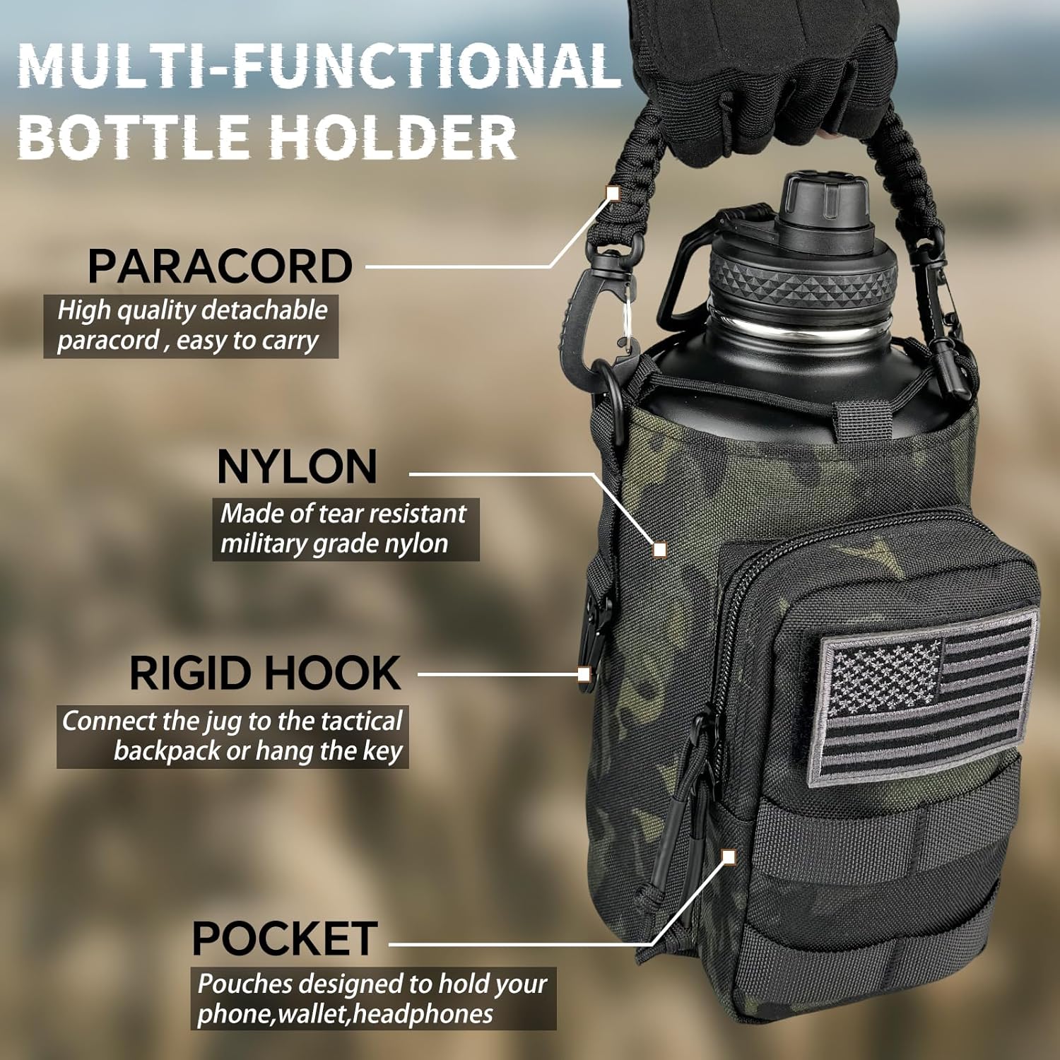 Half Gallon Water Bottle Insulated with Sleeve - Tactical 64 oz Stainless Steel Water Jug with MOLLE Water Bottle Pouch, Gym Water Bottles for Men Hiking Workout (Black Camo)