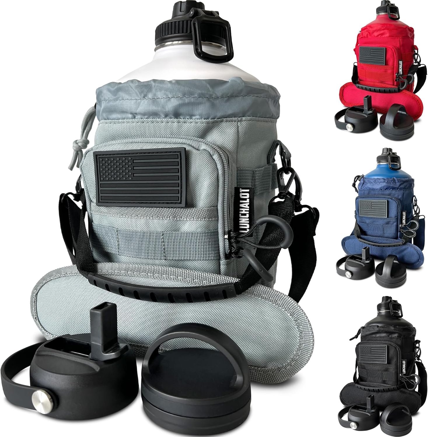 1 Gallon Water Bottle - 128 Oz Insulated Stainless Steel Metal Water Bottle with Holder - Carrying Bag - Spout Handle - Straw Lids - Keep Cold & Hot - White Tactical Flask