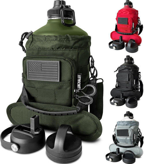 1 Gallon Water Jug - Insulated Stainless Steel Water Bottle with Carry Bag & Straw Lids - 128 Oz Large Capacity, Keep Cold & Hot, Green Tactical Design