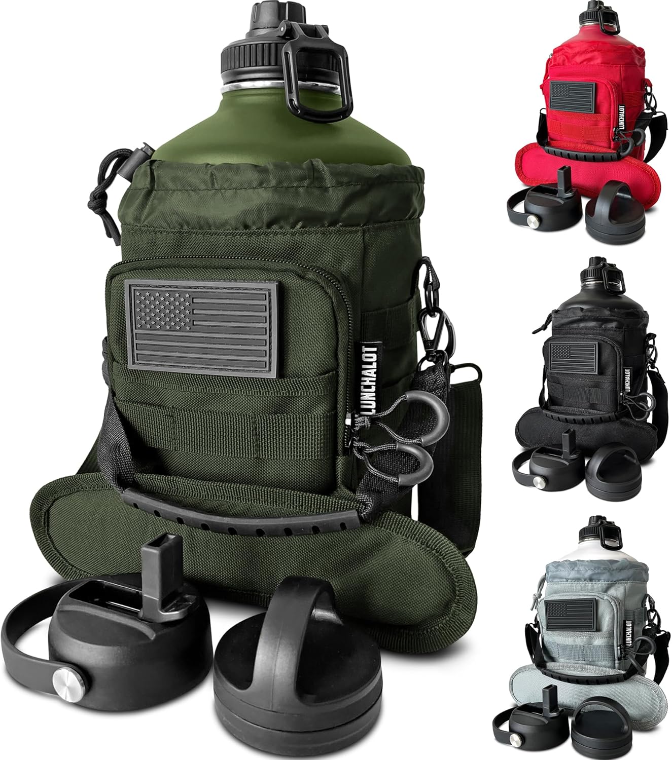 1 Gallon Water Jug - Insulated Stainless Steel Water Bottle with Carry Bag & Straw Lids - 128 Oz Large Capacity, Keep Cold & Hot, Green Tactical Design