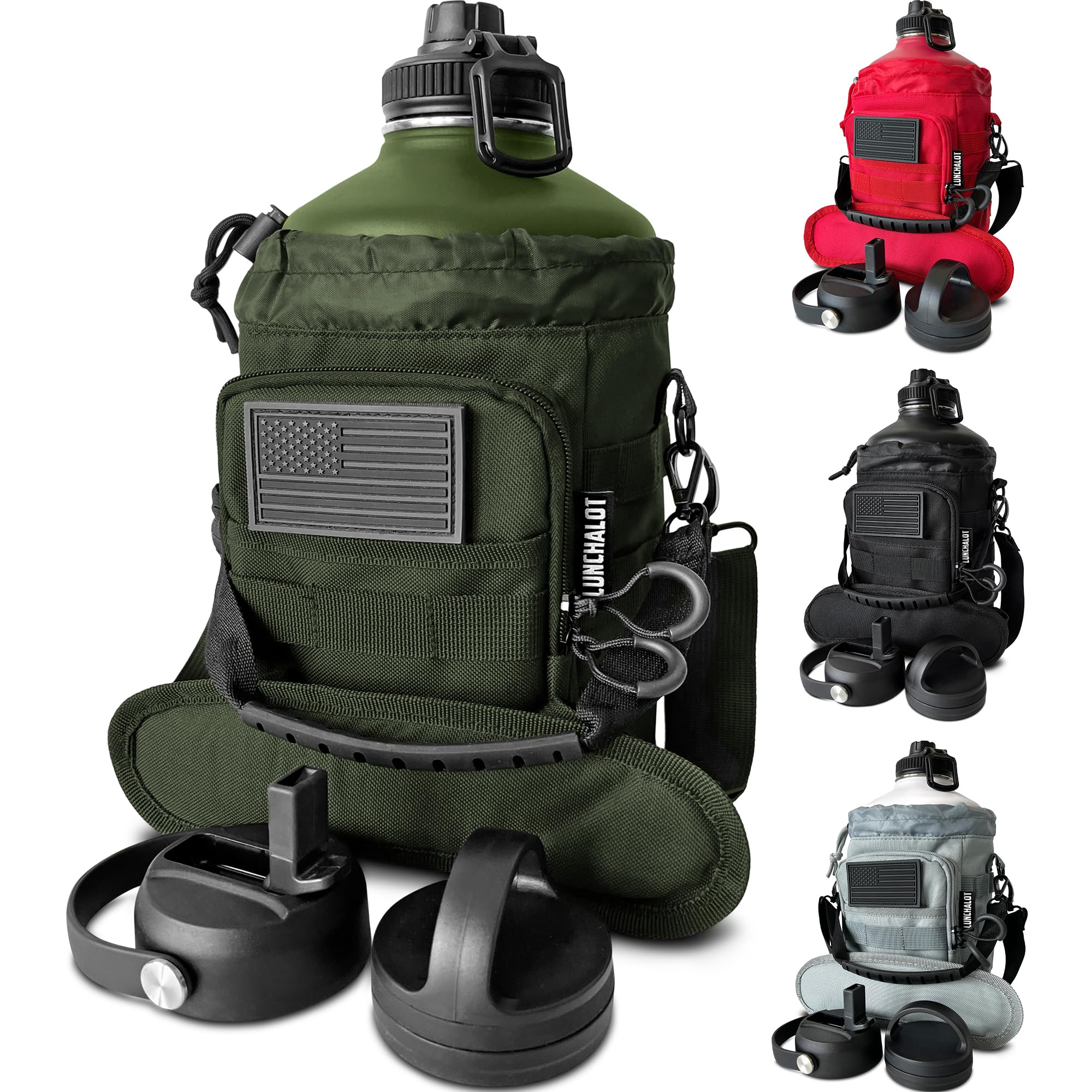 1 Gallon Water Bottle - 128 Oz Insulated Stainless Steel Metal Water Bottle with Holder - Carrying Bag - Spout Handle - Straw Lids - Keep Cold & Hot - White Tactical Flask