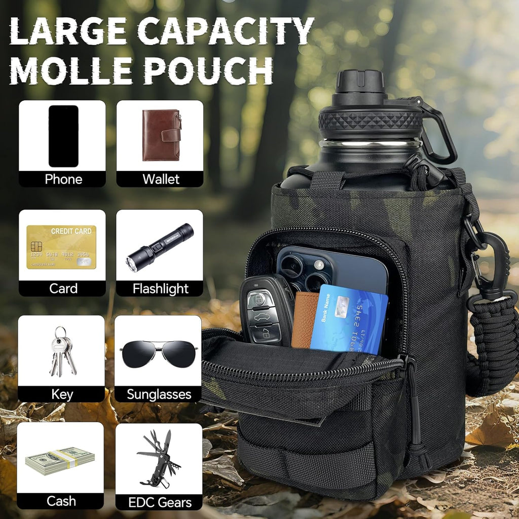 Half Gallon Water Bottle Insulated with Sleeve - Tactical 64 oz Stainless Steel Water Jug with MOLLE Water Bottle Pouch, Gym Water Bottles for Men Hiking Workout (Black Camo)