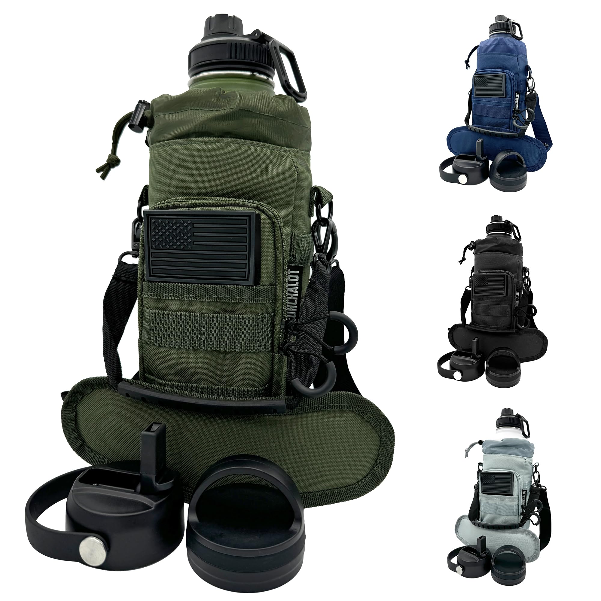 1 Gallon Water Bottle - 128 Oz Insulated Stainless Steel Metal Water Bottle with Holder - Carrying Bag - Spout Handle - Straw Lids - Keep Cold & Hot - Grey Tactical Flask