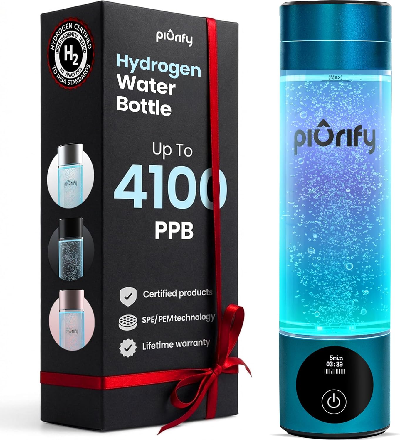 Hydrogen Water Bottle Generator - Up to 4100+ PPB Molecular Hydrogen Infusion - SPE/PEM Technology - Certified H2 Generator - Rechargeable - Extended Warranty - 10 oz (Turquoise)