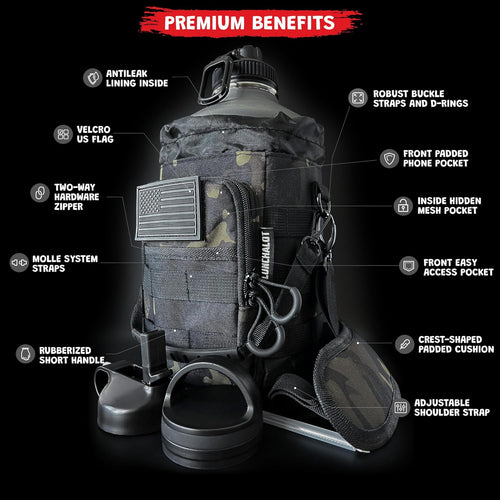 1 Gallon Water Bottle - 128 Oz Insulated Stainless Steel Metal Water Bottle with Holder - Carrying Bag - Spout Handle - Straw Lids - Keep Cold & Hot - Grey Tactical Flask