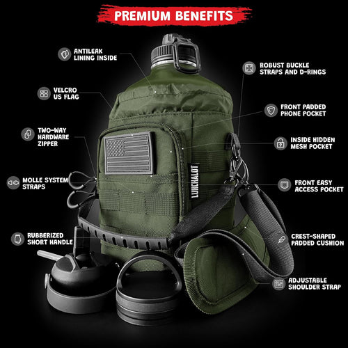 1 Gallon Water Jug - Insulated Stainless Steel Water Bottle with Carry Bag & Straw Lids - 128 Oz Large Capacity, Keep Cold & Hot, Green Tactical Design