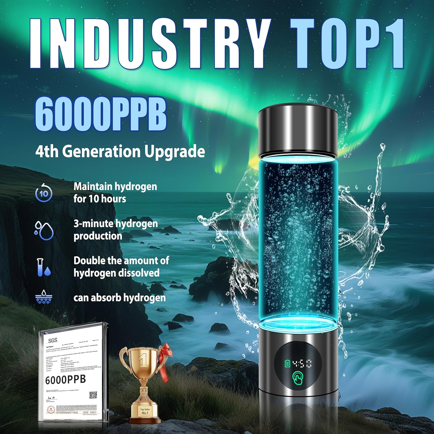5.0 New Upgraded Hydrogen Water Bottle - Hydrogen Concentration up to 6000 PPB【SGS-Certified Hydrogen Generator】 2025 SPE/PEM Technology Odorless Double Hydrogen Content for Sports/Home/Office/Travel