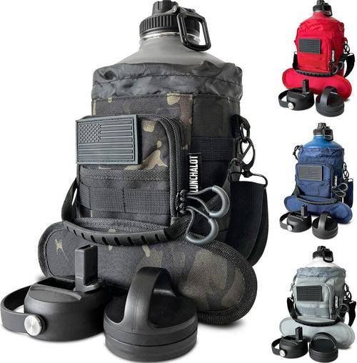 1 Gallon Water Bottle - 128 Oz Insulated Stainless Steel Metal Water Bottle with Holder - Carrying Bag - Spout Handle - Straw Lids - Keep Cold & Hot - Grey Tactical Flask