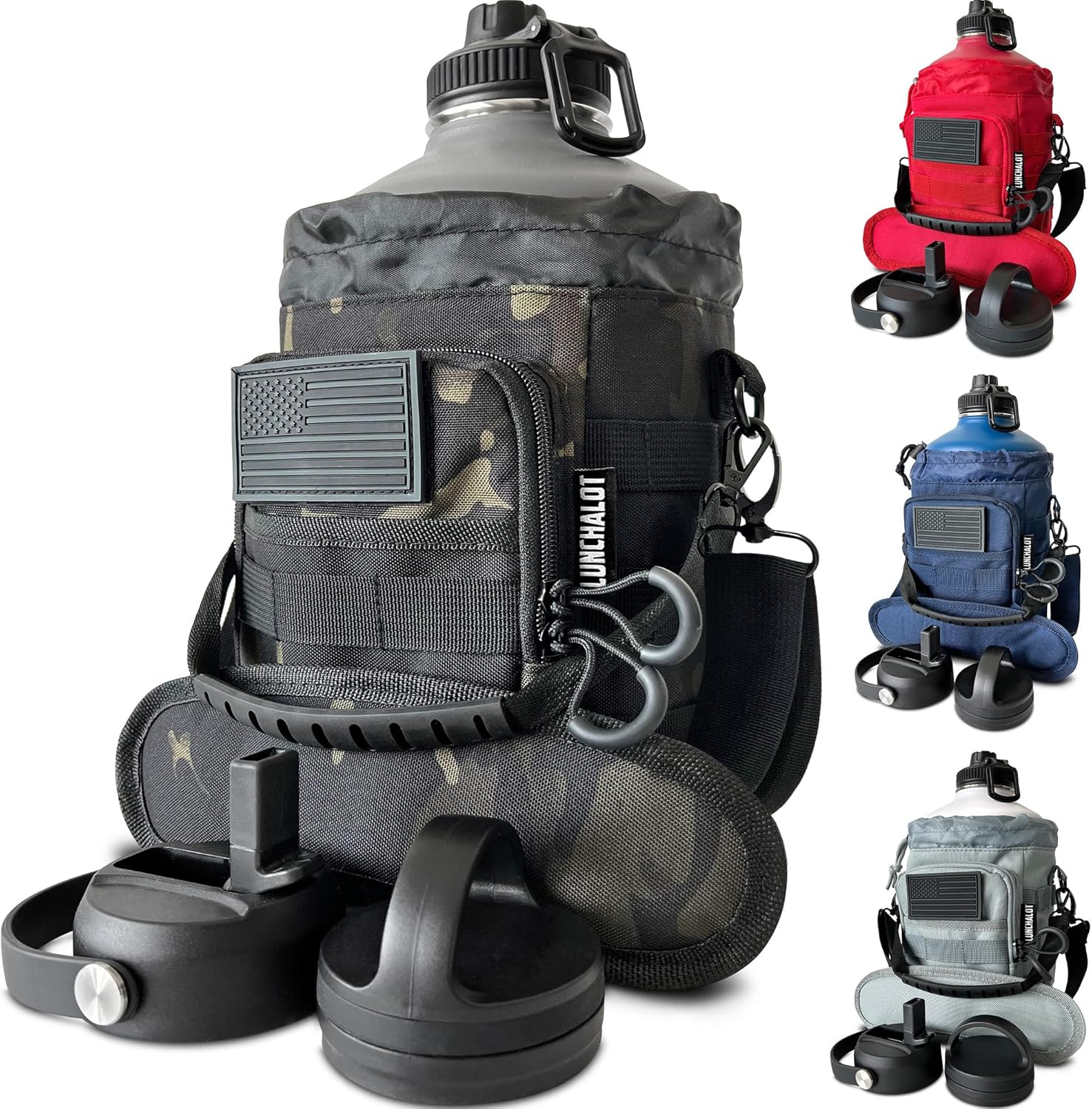 1 Gallon Water Bottle - 128 Oz Insulated Stainless Steel Metal Water Bottle with Holder - Carrying Bag - Spout Handle - Straw Lids - Keep Cold & Hot - Grey Tactical Flask